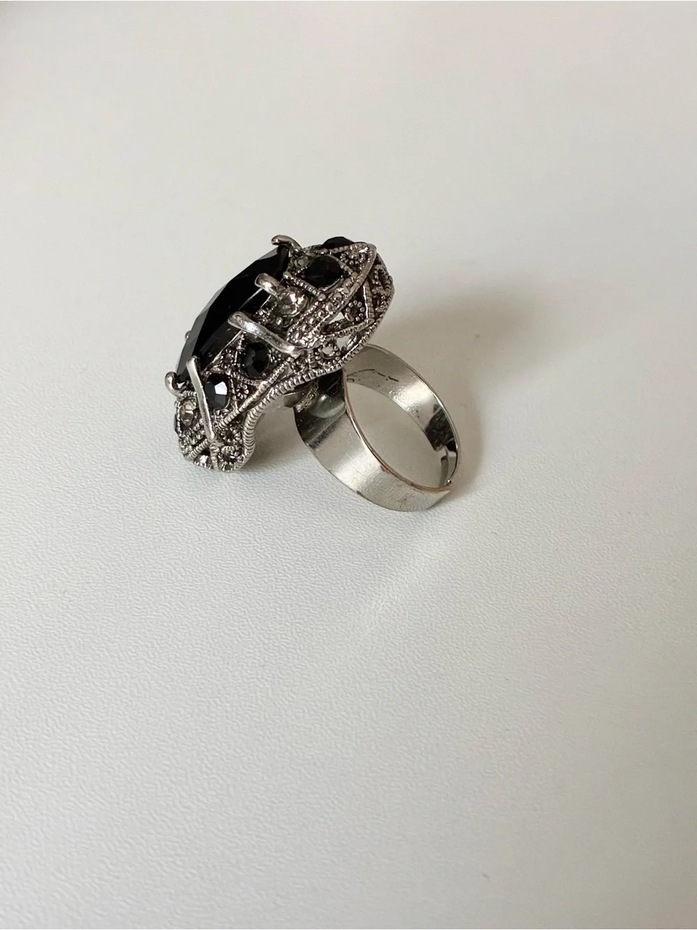 Crystal Black Stone Statement Ring, Adjustable size 8+